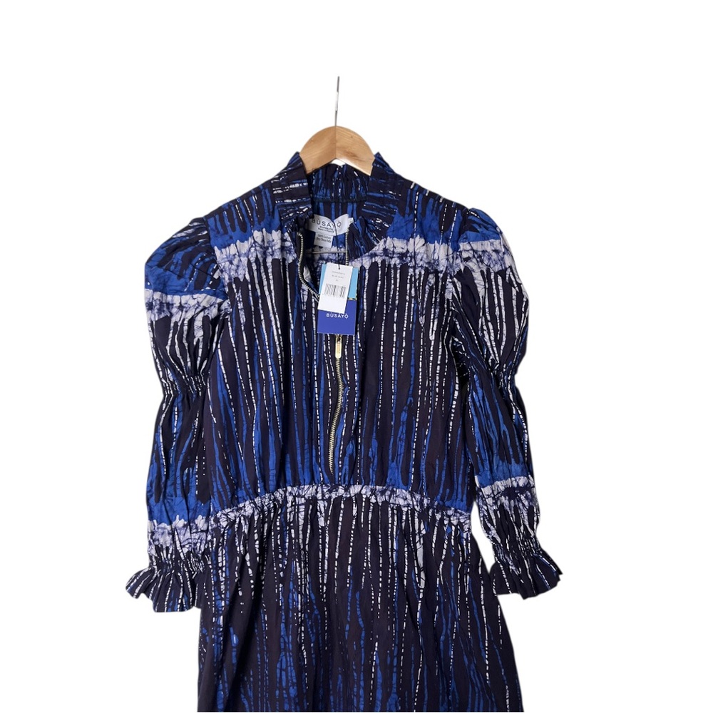 Women's Blue Patterned Maxi Dress with Long Sleeves - Picture 2 of 4